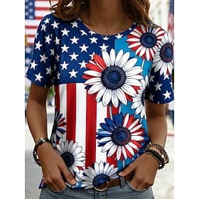 American Independence Day Women's T Shirt Tee Top Print Floral Graphic Flag Stylish Classic Casual Short Sleeve Round Neck Regular Tops Daily Going out Weekend