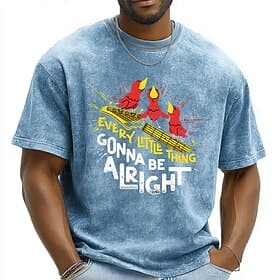 Men's Every Little Thing Gonna Be Alright Three Little Birds Guitar Retro Vintage Acid Wash T Shirt Graphic Oversized Loose Fit Casual Streetwear Music Festiva