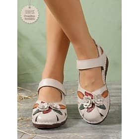 Sandales Mary Jane beiges pour femmes en cuir véritable - chaussures confortables vintage en cuir de vachette à motif floral pour la marche décontractée voyag