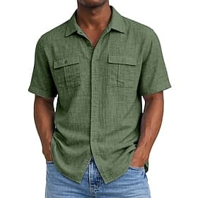 Men's Shirt Linen Shirt Summer Shirt Beach Wear Button Up Shirt Solid Color Casual Vacation Black White Navy Blue Sky Blue Short Sleeve Turndown Summer Spring