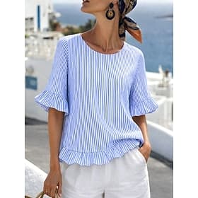 Mulheres Blusa Frufru Imprimir Listrado à moda Casual Manga 3/4 Gola Redonda Tops regulares Diário Azul Verão Primavera Outono