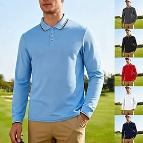 Men's Golf Shirt Golf Polos Shirts Casual Street Lapel Long Sleeve Basic Modern Plain Buttons Spring Fall Regular Fit Black White Red Navy Blue Dark Grey Light