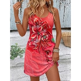 Women's Mini Dress Sundress A Line Dress Summer Dress Vacation Casual Boho Beach Party Wedding Slim Floral Graphic Sleeveless U Neck Blue Yellow Pink Red Summe