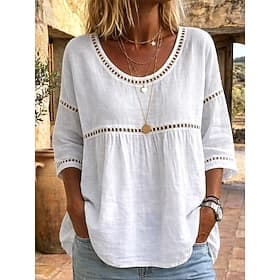 Women's Linen-feel Shirts Blouse Cotton Shirt Hollow Out Solid Color Daily Stylish Basic 3/4 Length Sleeve Crew Neck Regular Tops Daily White Pink Summer Sprin