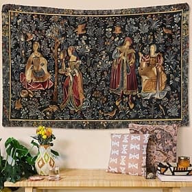 Mittelalterliche Renaissance-Millefleurs-Wandteppiche mit höfischen Figuren und dunklem Blumenmuster im gotischen, antiken flämischen Stil für Wohnzimmer, Schl