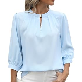 Damen Hemd Sommerhemd Freizeithemd Chiffon Tops Einfarbig Einfach Elegant Urlaub Mode Dreiviertelarm V Ausschnitt Normale Oberteile Täglich Ferien Ausgehen Bla