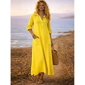Vestido maxi feminino estilo camisa, casual, esportivo e para encontros ao ar livre, modelagem regular, cor sólida, gola de camisa, nas cores azul, amarelo e v