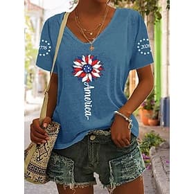 American Independence Day Women's T Shirt Print Graphic American Flag Vintage Stylish Classic Short Sleeve V Neck Regular Tops Daily Blue Black White Gray Summ