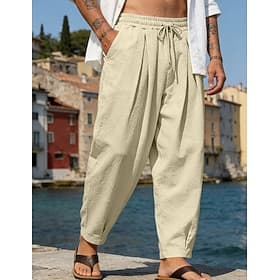 Herren Leinenhosen Sommerhose Strandhose Kordelzug Tasche Einfach Bequem Atmungsaktiv Volle Länge Täglich Heim Outdoor Urlaub Einfach Schwarz Weiß Unelastisch