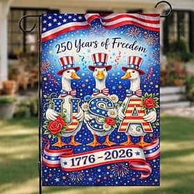 U.S 250th Anniversary Years of Freedom Garden Flag Celebratory Ducks in USA Themed Hats and Bow Ties Vibrant Fireworks Display Ideal Patriotic Decor