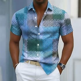 Men's Geometric Color Block Patchwork Shirt Button Up Shirt Casual Dress Shirt Short Sleeve Fashion Casual Streetwear Vacation Spring Fall Turndown 3D Print Co