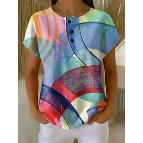 Femmes T-shirt Imprimé Boutons de poitrine Géométrique Élégant Moderne Occasionnel Manche Courte Henley Hauts Réguliers Quotidien Bleu Rouge Violet Vert Été Pr