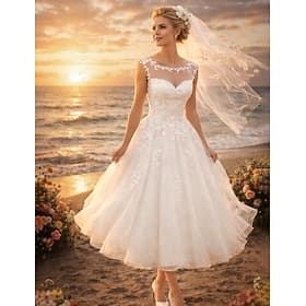 Corte A Vestido Midi Vestidos de novia Vestidos para la despedida de soltera Vestido de novia Vintage 1940/1950 Vestidos Blancos Sin Mangas Escote de ilusión G