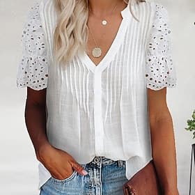 Women's 100% Cotton Shirt Casual Shirt Button Up Shirt Shirt Ruched Patchwork Eyelet Solid Color Vacation Fashion Daily Short Sleeve V Neck Polo Collar Regular