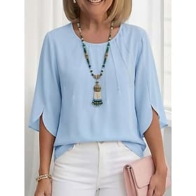 Dames Blouse Chiffon-topjes Met ruches Effen Klassiek Modern Casual Halve mouw Strakke ronde hals Normale tops Dagelijks Buiten Feestdagen Wit Lichtgroen Smara