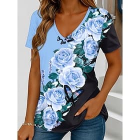 Women's T Shirt Color Block Print Floral Graphic Vintage Stylish Classic Short Sleeve V Neck Regular Tops Daily Weekend Blue Pink Purple Green Summer Spring