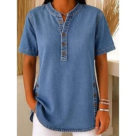 Dames Overhemd Blouse Knop Effen Stijlvol Klassiek Modern Korte mouw V-hals Normale tops Dagelijks Feestdagen Uitgaan blauw Licht Blauw Zomer Lente