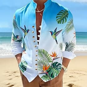 Herren Papagei Farbverlauf Palmblatt Hawaiihemden Alohahemd Stehkragenhemd Langarm Hawaiianisch Strandurlaub Sommer Frühling Mandarinkragen Stehkragen Button-D