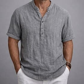 Homens Camisa Social Camisa de linho Camisa Popover camisa de verão Roupa de Praia Camisa Henley Tecido Casual Férias Branco cáqui Cinzento Manga Curta Henley