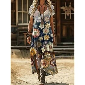 Women's Maxi Dress Boho Dress Casual Dress A Line Dress Print Dress Vintage Outdoor Vacation Weekend Regular Fit Floral Graphic Short Sleeve V Neck Navy Blue P