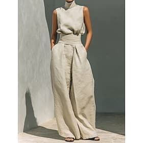 Femmes Ensemble effet lin Ensembles de Pantalons Sans manches Col roulé Couleur Unie Mode Streetwear Occasionnel Quotidien Extérieur Noir Rose Claire Vert Véro