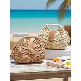 Sac bandoulière en paille tressée pour femme, coloris beige et kaki, cabas d'été léger avec bandoulière ajustable, style bohème chic, idéal pour les vacances,