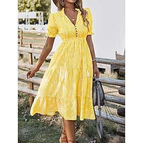 Women's Midi Dress Casual Dress Swing Dress Elegant Fashion Modern Outdoor Vacation Going out Regular Fit Striped Short Sleeve V Neck Blue Yellow Pink Green Su