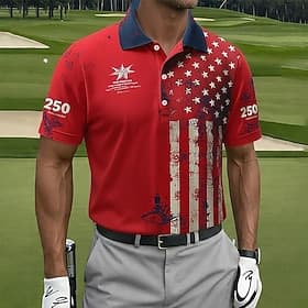 4th of July 2026 250th Men's American US Flag Golf Sports Polo Shirts Short Sleeve Polo Shirts Collared Shirts Casual Athleisure Buttons Spring Summer Blue Re