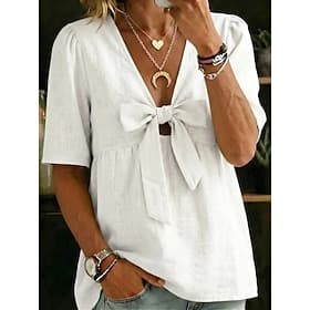 Women's Linen-feel Shirts Blouse Bow Solid Color Daily Stylish Basic Half Sleeve V Neck Regular Tops Daily Blue White Yellow Pink Red Summer Spring Fall
