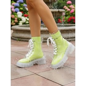 Women's Transparent Waterproof Ankle Rain Boots with Socks – Lace-Up Chunky Platform Combat Boots with Non-Slip Sole for Rainy Days, Outdoor Wear and Festival