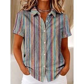 Women's Shirt Short Sleeve Graphic Geometric Striped Vintage Tropical Stylish Shirt Collar Regular Tops Daily Blue Grass Green Green Summer Spring