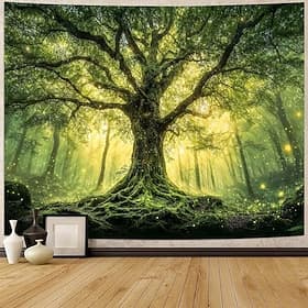 Enchanted Forest Ancient Tree of Life Wall Tapestry Sunbeams Mossy Tree Green Foliage Nature Landscape Living Room Bedroom Decor Home Wall Hanging Mural Backdr