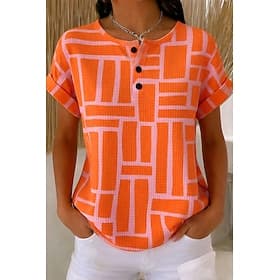 Damen Waffel T-Shirt Farbblockdruck Knopfverschluss Grafik Geometrisch Vintage Stilvoll Klassisch Kurze Ärmel Rundhals Reguläre Tops Täglich Rosa Orange Beige