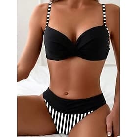 Women's Swimwear Bikini 2 Piece Briefs Swimsuit Slim Backless Vacation Beach Wear Striped V Neck Sleeveless Bathing Suits