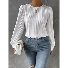 Femmes Chemise Chemisier Hauts en mousseline de soie Uni Élégant Classique Occasionnel manche longue Col ras du cou Hauts Réguliers Quotidien Fête Sortir Blanc