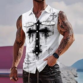 Men's Templar Cross Shirt Button Up Shirt Sleeveless Shirt Sleeveless Dark Gothic Style Outdoor Causal Summer Spring Turndown 3D Print Front Two Pockets Blue W
