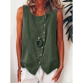 Women's Shirt Blouse Sleeveless Shirt Buttons Solid Color Bohemia Stylish Classic Sleeveless Crew Neck Regular Tops Daily Holiday Going out White Army Green Li
