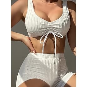 Women's Swimwear Bikini 2 Piece Shorts Swimsuit Slim Backless Vacation Beach Wear Solid Color V Neck Sleeveless Bathing Suits