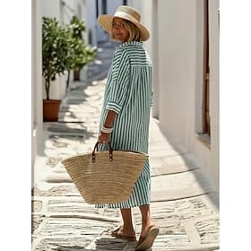Damen Midikleid Kleider in Leinenoptik Baumwoll-Leinenkleid Mode Modern Urlaub Ausgehen Wochenende Normale Passform Gestreift Langarm Hemdkragen Blau Gelb Hell
