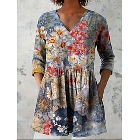Women's Blouse Print Floral Vacation Daily Casual 3/4 Length Sleeve V Neck Regular Tops Daily Holiday Going out Blue Royal Blue Purple Green Summer Spring Fall