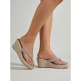 Women's Elegant Light Grey Wedge Sandals - Sparkly Rhinestone Thong Straps with Woven Espadrille Platform for Outdoor Resorts, Tropical Garden Parties Summer