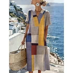 Women's Midi Dress Sundress Casual Dress Vacation Casual Beach Beach Party Loose Fit Graphic Geometric Short Sleeve V Neck Pink Purple Orange Summer Spring