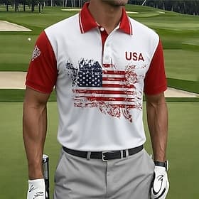 American Independence Day Men's American US Flag Golf Sports Polo Shirts Short Sleeve Polo Shirts Collared Shirts Casual Athleisure Buttons Spring Summer Blue