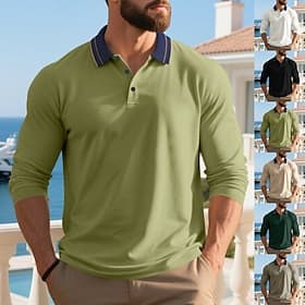 Herren Poloshirts Golfshirt Lässig Straße Revers Langarm Basic Modern Farbblock Knöpfe Sommer Frühling Normale Passform Schwarz Weiß Hellgrün Dunkelgrün Braun