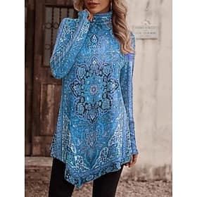 Women's Shirt Blouse Long Sleeve Tops Asymmetric Hem Floral Stylish Classic Modern Long Sleeve High Neck Long Tops Daily Holiday Going out Blue Red Purple Spri