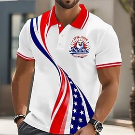 4. Juli 2026 250. Herren Amerikanische US-Flagge Poloshirts Kurzarm Polo-Shirts Revers Lässig Athleisure Knöpfe Frühling Sommer Blau Weiß Gelb