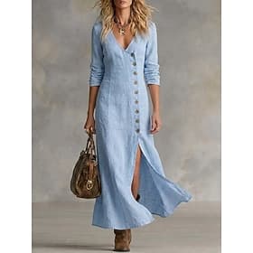 Femmes Robe maxi Robes effet lin Robe trapèze Occasionnel Quotidien Coupe régulière Uni manche longue Col en V Bleu Noir Jaune Rouge Été Printemps Automne