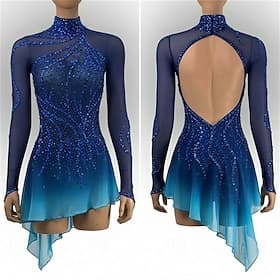 Eiskunstlaufkleid Damen Eislaufen Kleid Blau Patchwork Daumenloch Dehnbar Training Wettbewerb Eiskunstlaufkleidung Klassisch Kristall / Strass Langarm Eislaufe