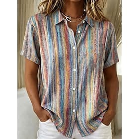 Women's Shirt Short Sleeve Graphic Geometric Striped Vintage Tropical Stylish Shirt Collar Regular Tops Daily Sage Green Pink Purple Orange Green Summer Spring