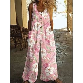 Women's Normal Jumpsuit Active Floral Sleeveless Wide Leg U Neck Pocket Buttons Daily Vacation Loose Fit White Pink Green Summer